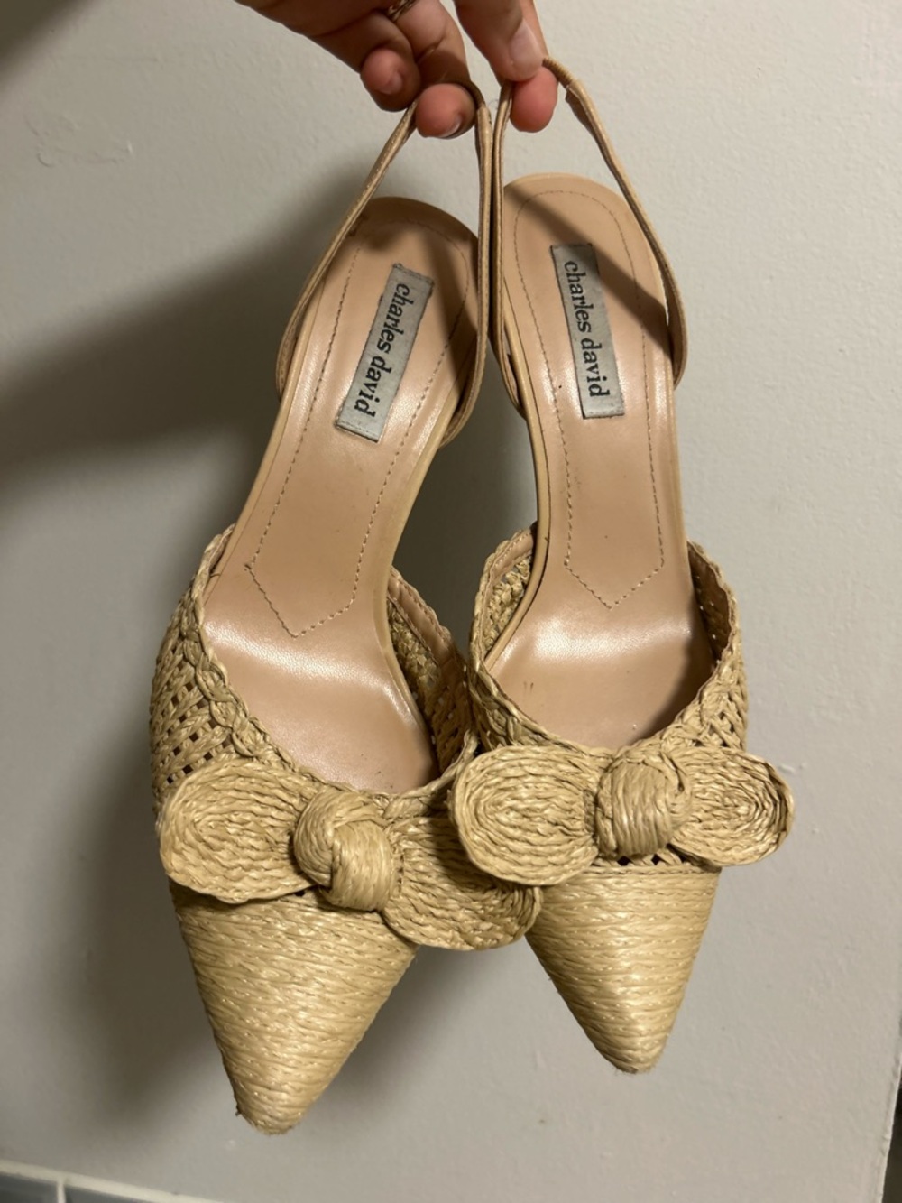 Charles David Natural Raffia Pointed Bow Slingback Heels - Picture 5 of 7